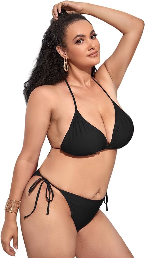 Milumia Women's Plus Size 2 Piece Swimsuit Halter String Triangle Bikini Set Bathing Suit | Amazon (US)