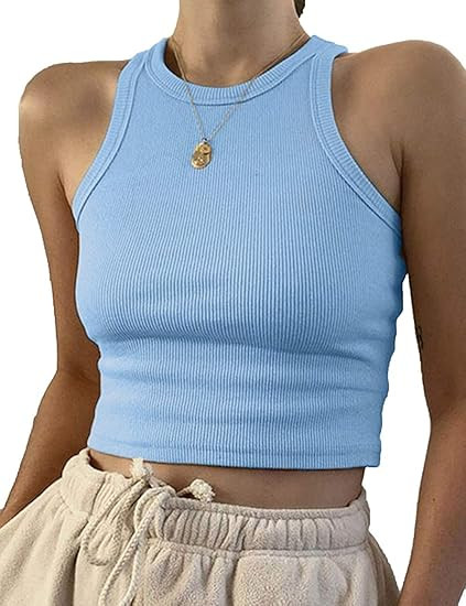 Meladyan Women's Round Neck Basic Racerback Camisole Rib-Knit Solid Sleeveless Crop Tank Tops | Amazon (US)