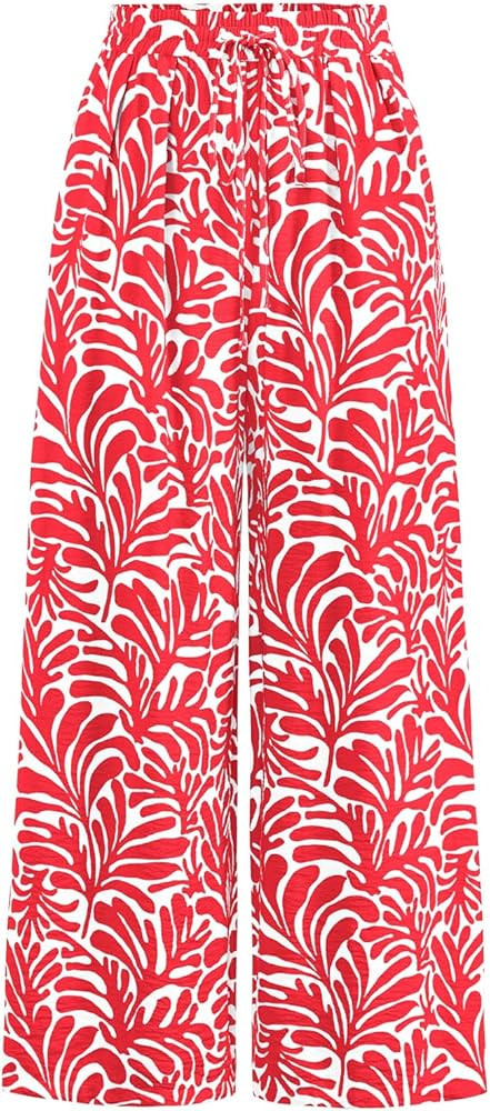 PRETTYGARDEN Womens Pants Elastic Waist Floral Lightweight Palazzo Pants for Women Casual Lounge ... | Amazon (US)