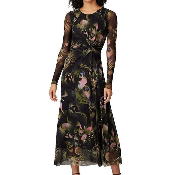 Fuzzi Butterfly Dress Printed Mesh Long Sleeve Twist Front Midi Size XS | Poshmark