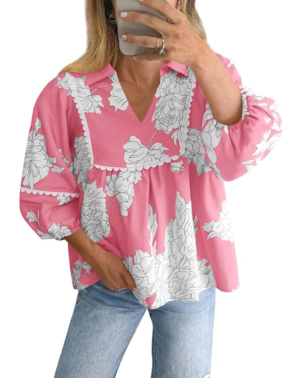 Tankaneo Womens Floral Peplum Babydoll Tops 3/4 Puff Sleeve Pleated Blouse Cute Casual V Neck Loo... | Amazon (US)
