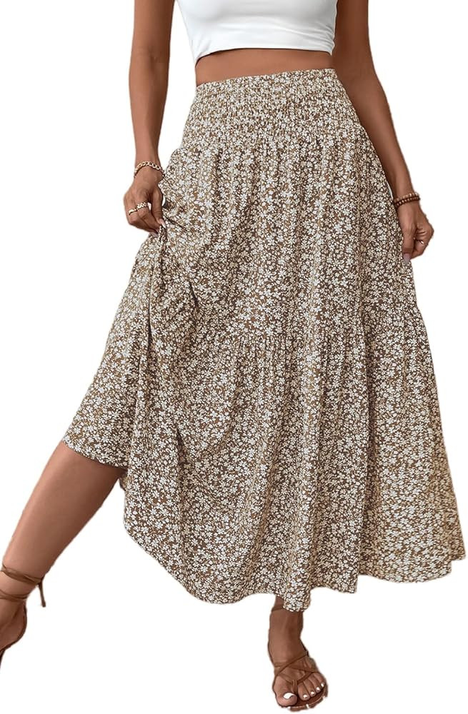 Women's Smocked High Waist Maxi Skirt Casual Boho Long Skirts with Pockets | Amazon (US)