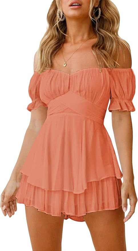 Fixmatti Women Boho Romper Off Shoulder Ruffle Chiffon Shorts Jumpsuit Playsuits | Amazon (US)