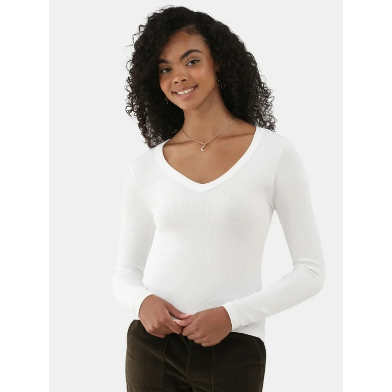 No Boundaries Seamless Long Sleeve V-Neck Top, Women's | Walmart (US)