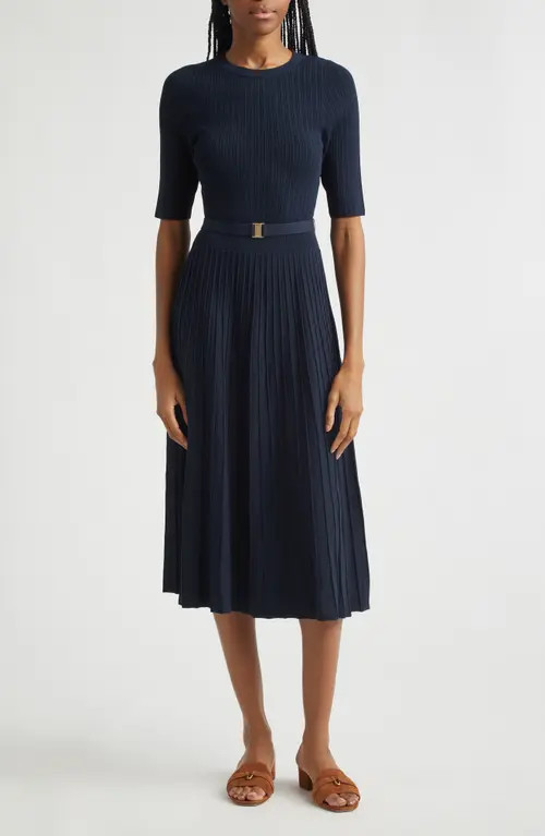 Veronica Beard Elthea Belted Rib Knit Midi Dress in Navy at Nordstrom, Size Small | Nordstrom