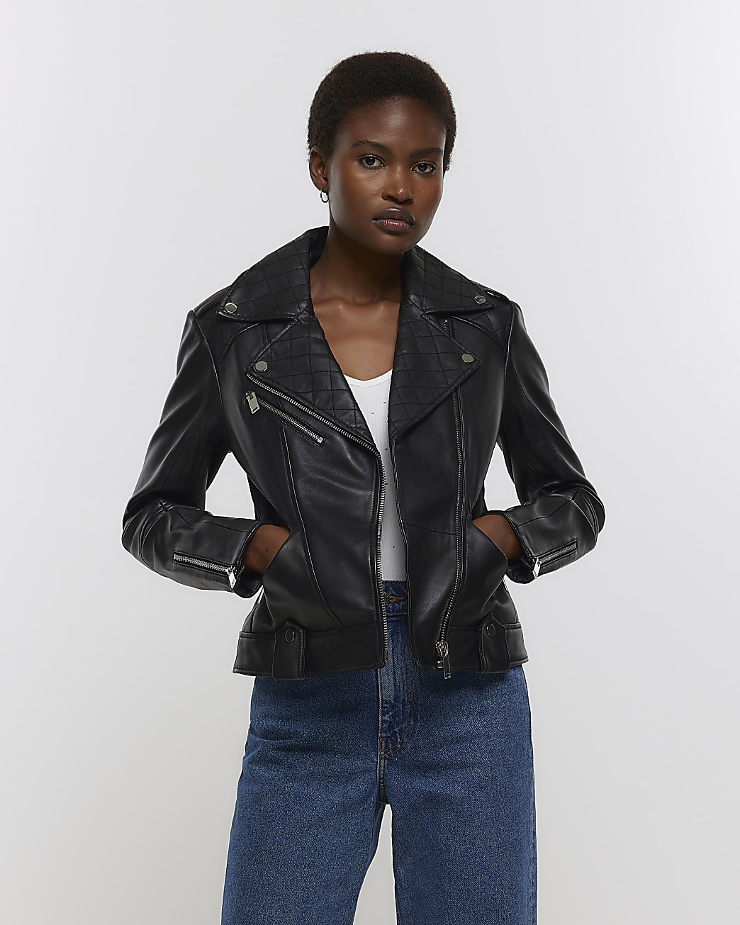 Black leather zip up biker jacket | River Island (UK & IE)