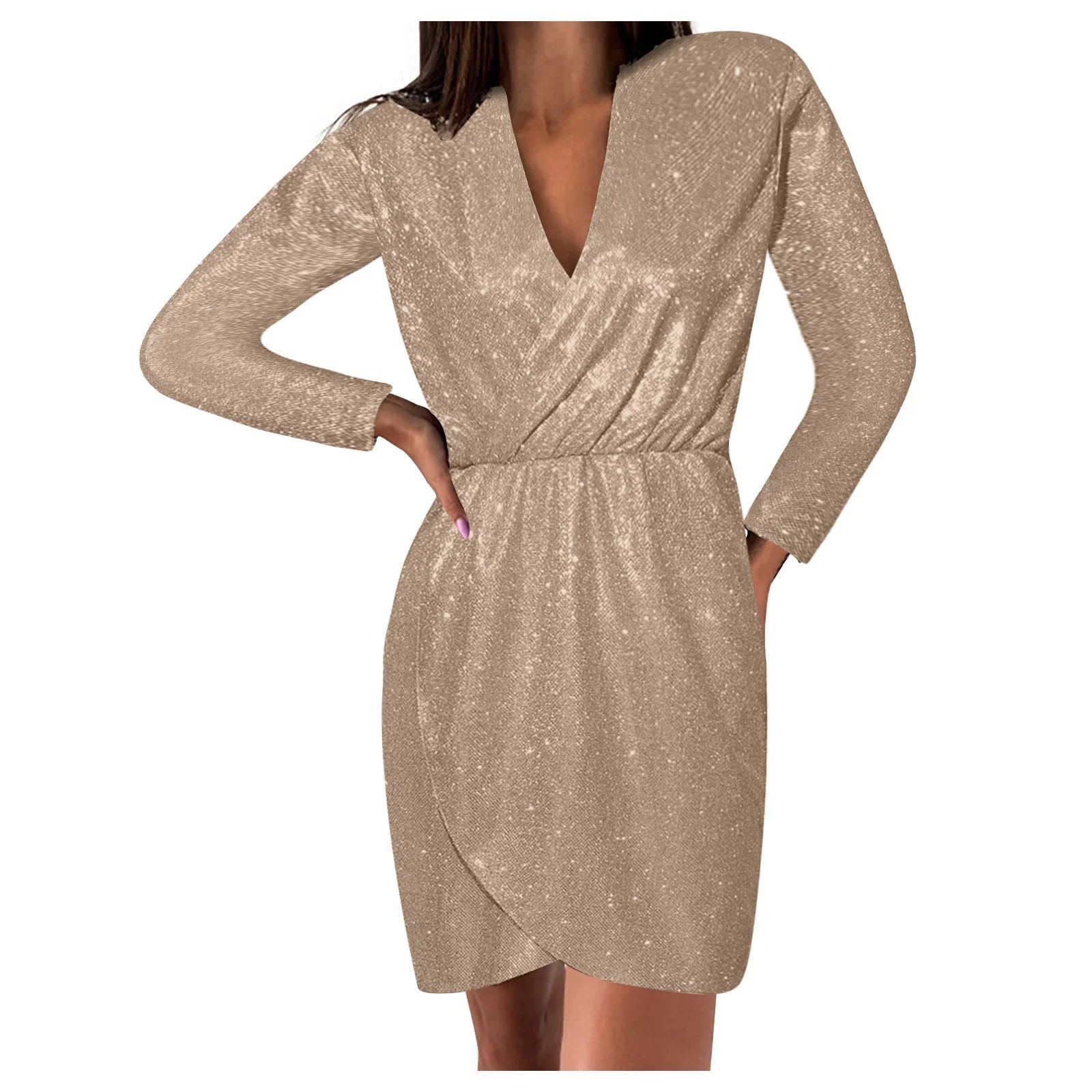 Sequin Dress for Women Trendy Party Evening Sparkle Dresses Slim Fit Elegant Long Sleeve V-Neck T... | Walmart (US)