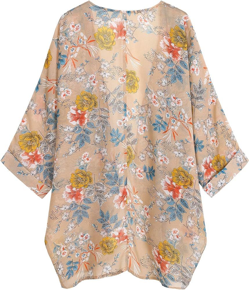 olrain Women's Floral Print Sheer Chiffon Loose Kimono Cardigan Capes | Amazon (US)