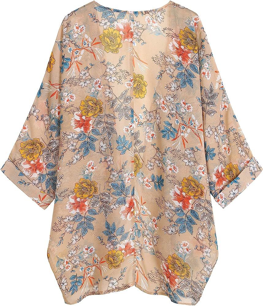 olrain Women's Floral Print Sheer Chiffon Loose Kimono Cardigan Capes | Amazon (US)