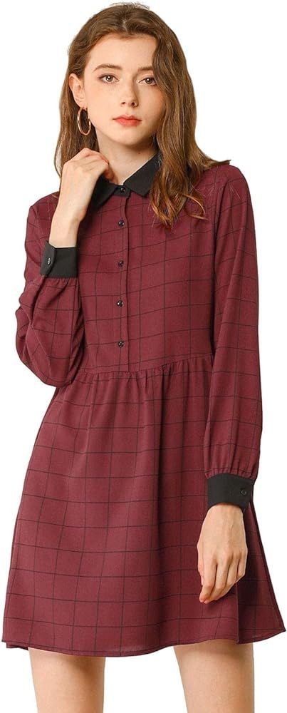 Allegra K Women's Plaid Vintage Casual Loose Fit Half Placket Contrast Collar Dress | Amazon (US)