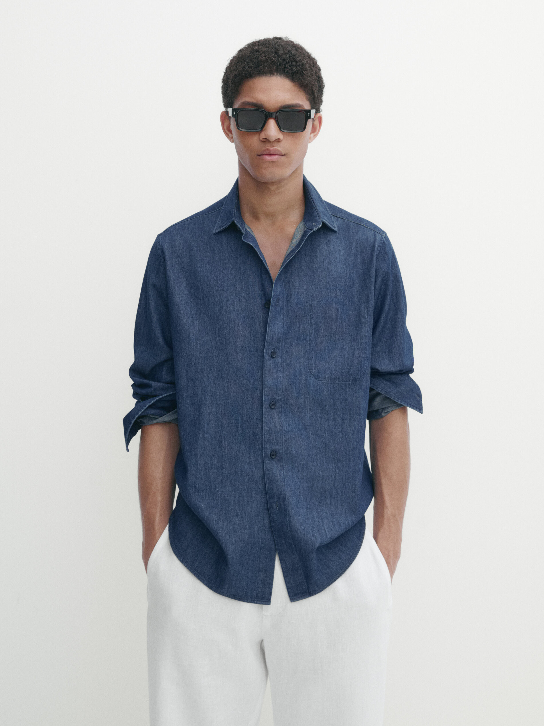 Regular fit denim shirt with false pocket | Massimo Dutti US