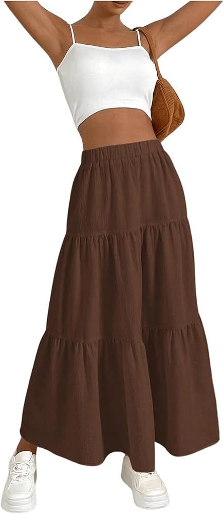 SOLY HUX Women's Elastic High Waist Ruffle Hem Skirt Casual Long Skirts | Amazon (US)