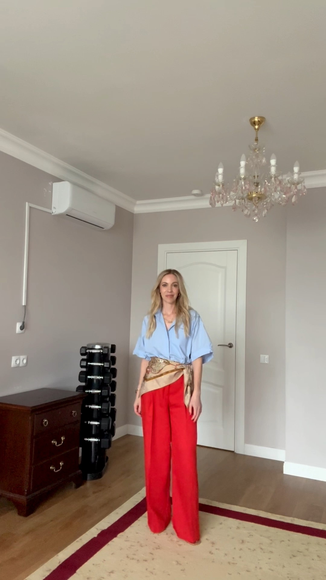 Summer workwear, business casual work look, sky blue and tomato red, silk scarf tied at the waist, red wide leg pants

#LTKWorkwear #LTKOver40 #LTKootd