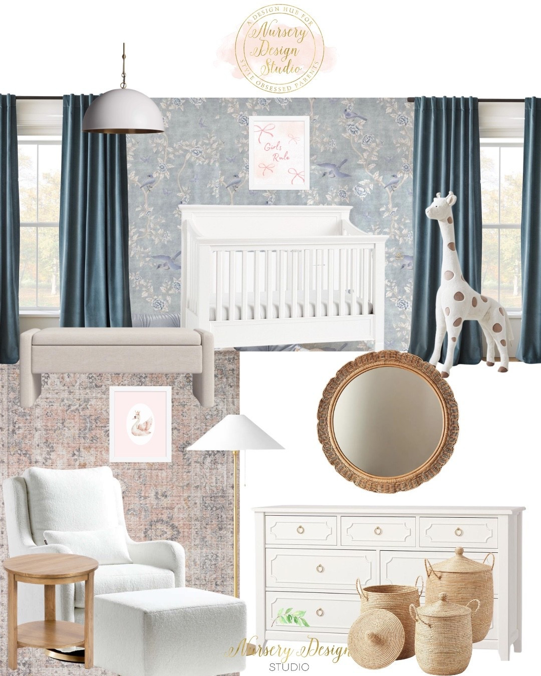 If you love classic blue tones with a feminine twist, you'll find every beautifully curated piece from this nursery linked here, including the white crib, tailored drapery, woven mirror, and timeless furniture.

#LTKmomlife #LTKstorytime #LTKSaleAlert