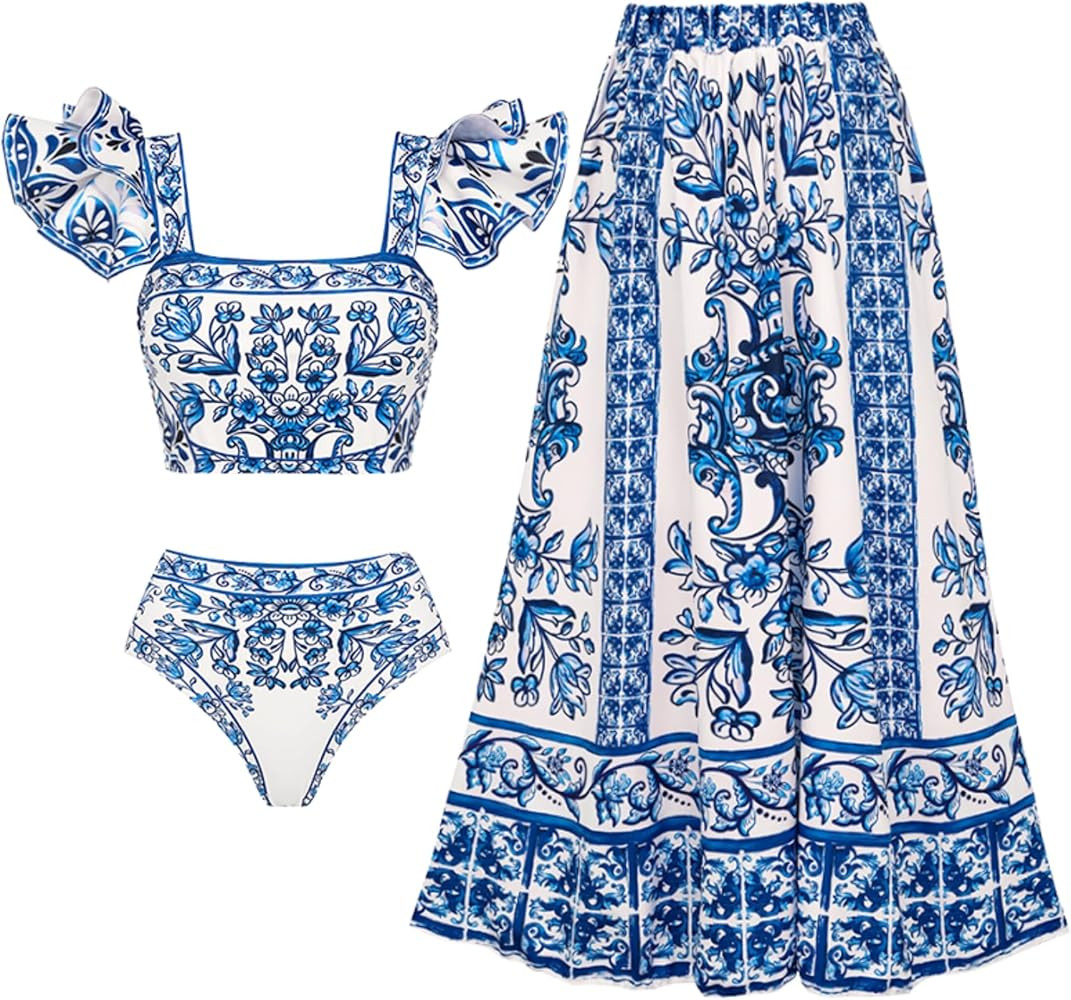 FLAXMAKER Ruffle Porcelain Pattern Majolica Print Back Elastic Band Bikini Swimsuit and Skirt/Sar... | Amazon (US)