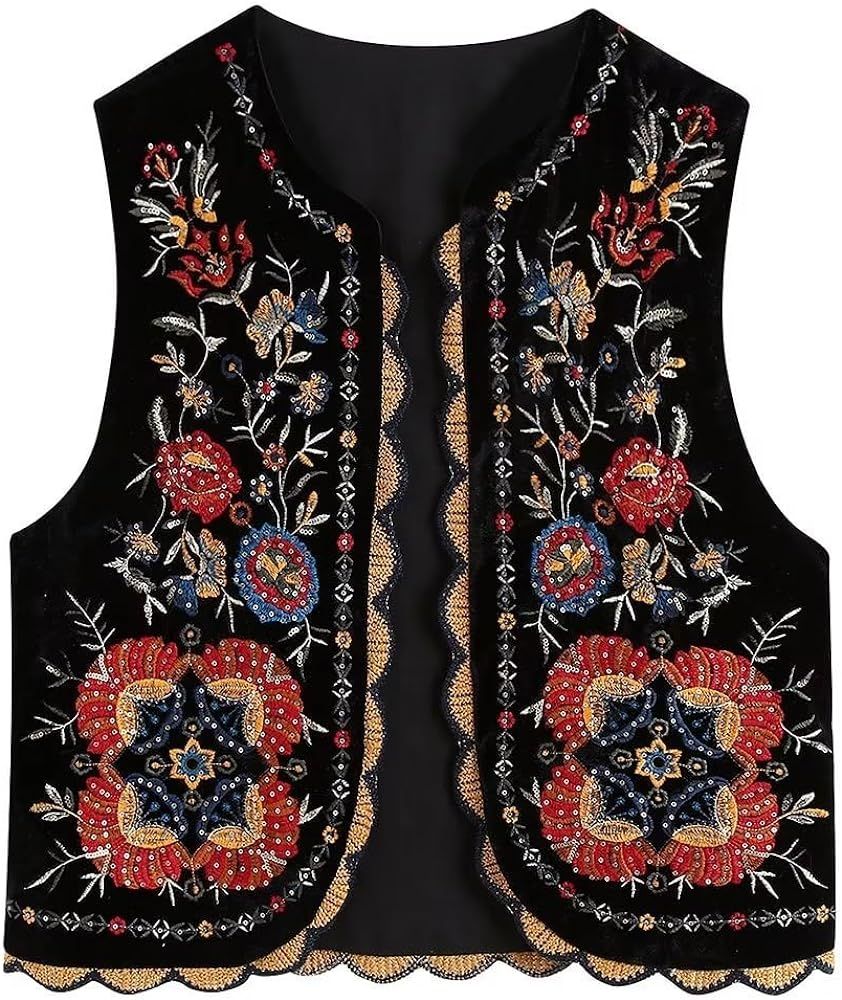 Y2K Women Vintage Embroidered Vest Tops Linen Cropped Sleeveless Exchic Floral Cardigans Fashion ... | Amazon (US)