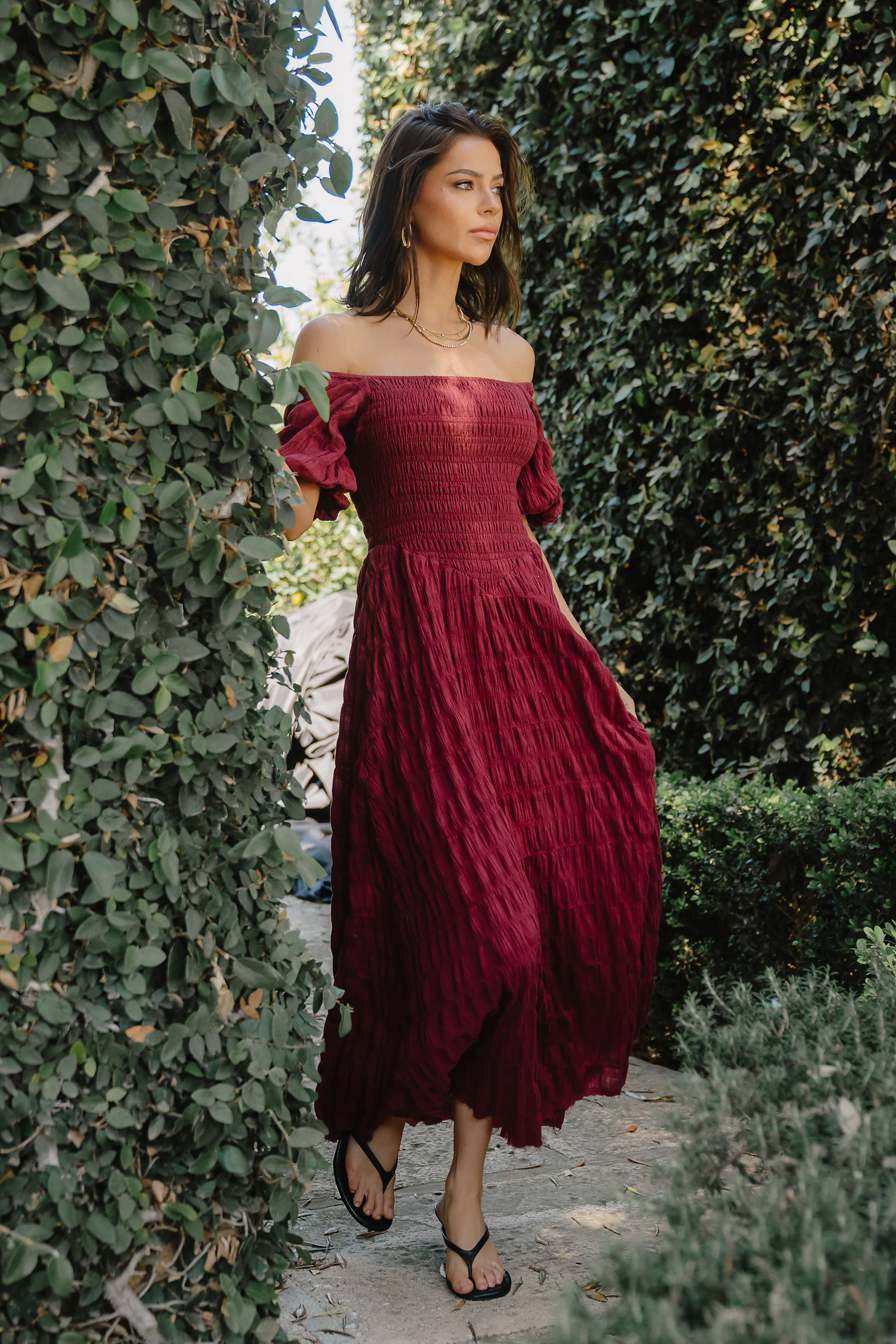 Beckie Smocked Maxi Dress in Burgundy | Böhme US