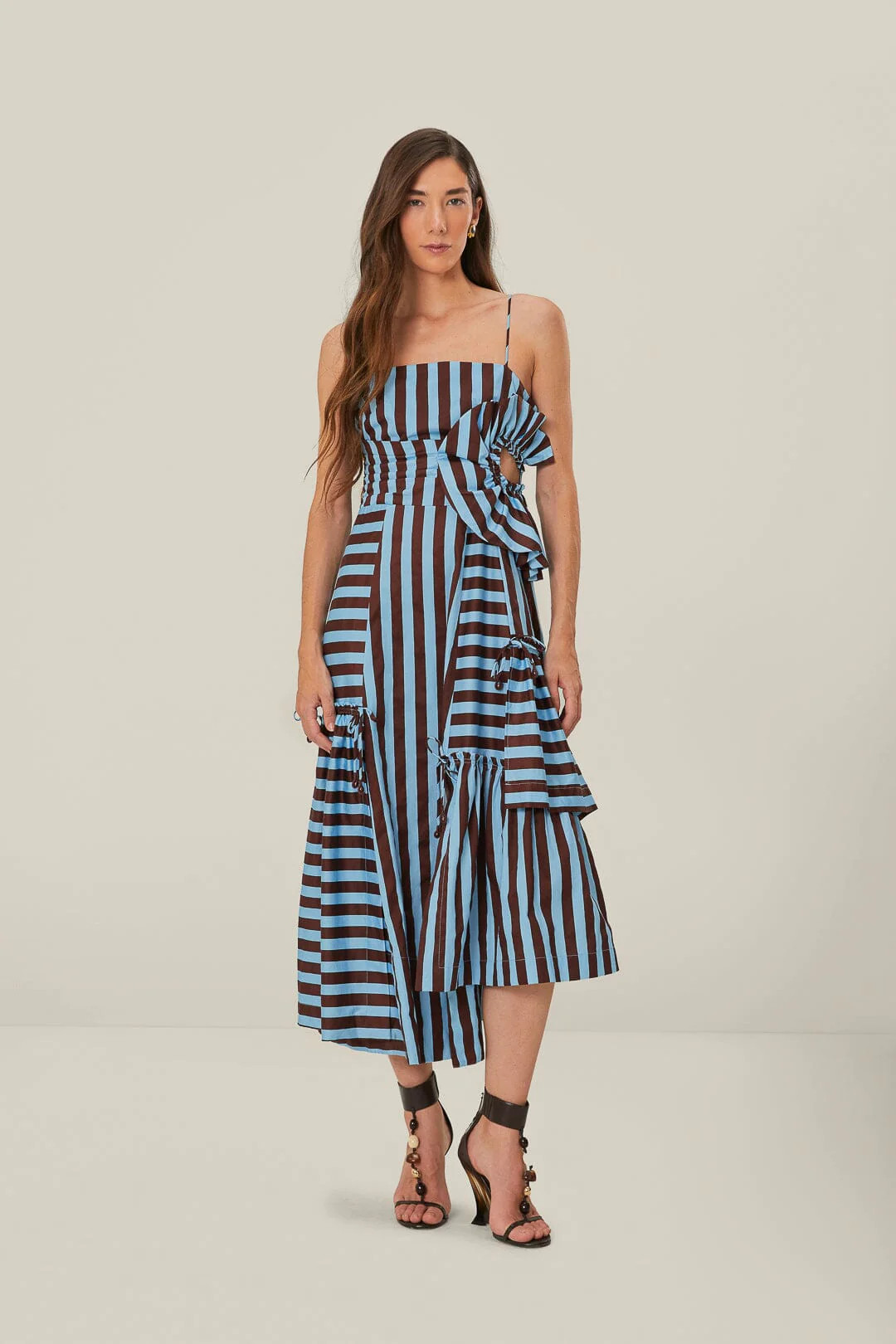 Brown and Blue Tropical Flight Stripes Organic Cotton Midi Dress | FarmRio (US)