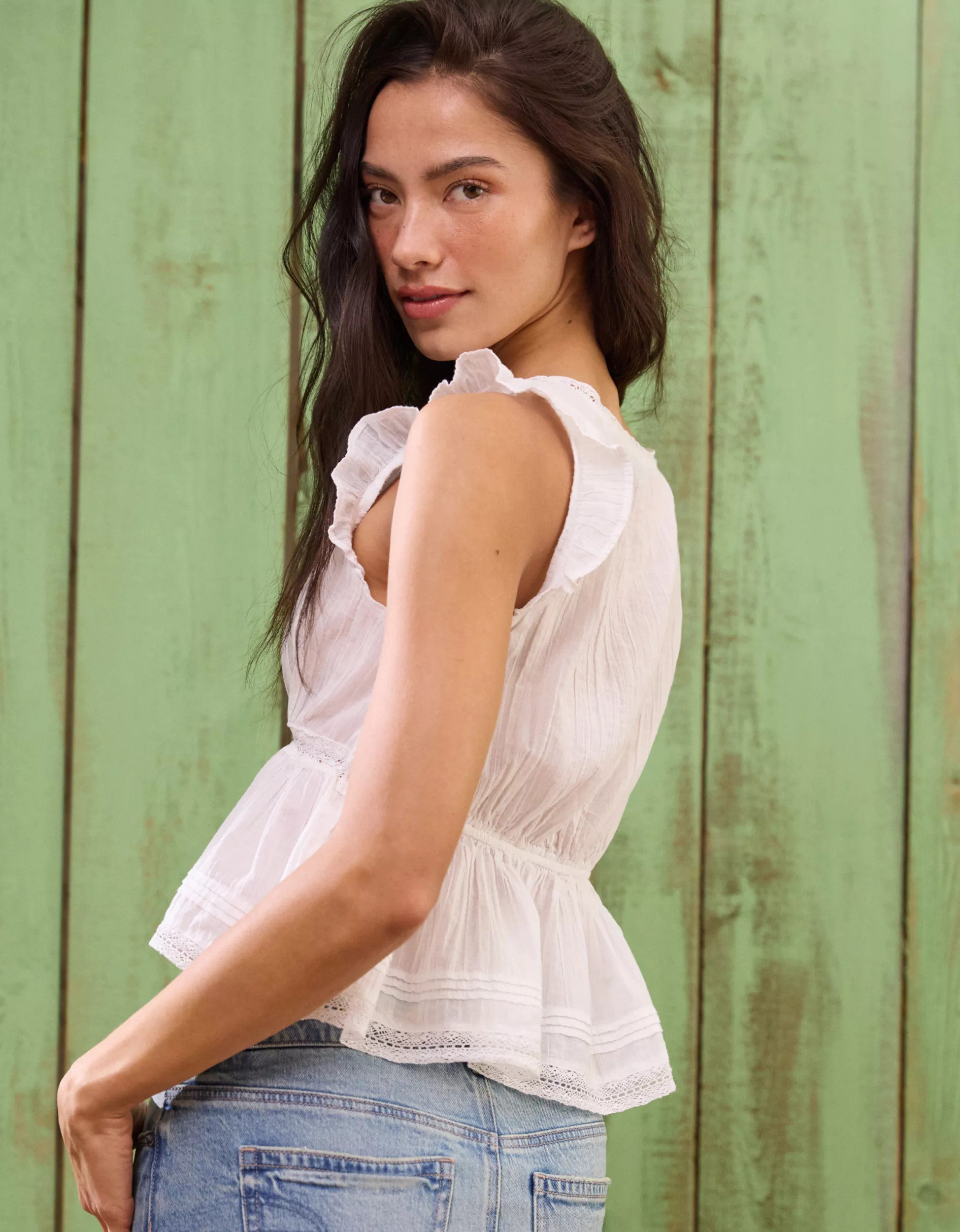 AE Lace Trim Flutter Sleeve Blouse | American Eagle Outfitters (US & CA)