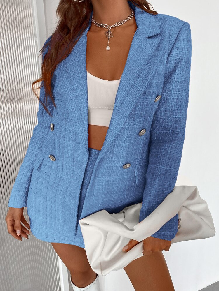 Double Button Tweed Blazer | SHEIN