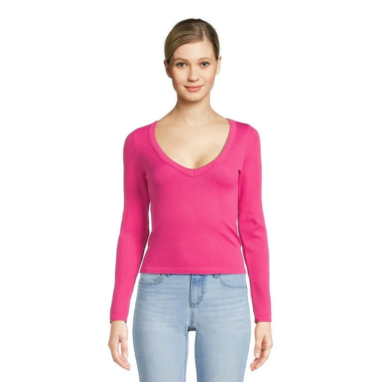 No Boundaries Juniors V-Neck Seamless Tee | Walmart (US)