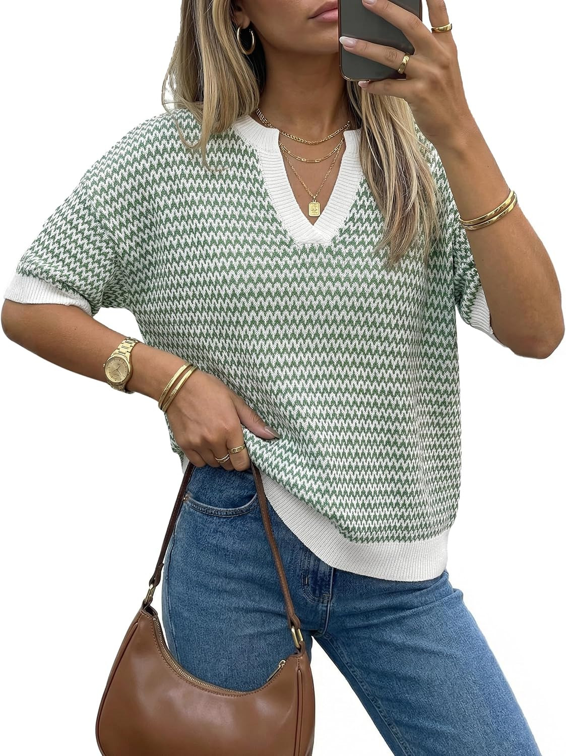 Arach&Cloz Women's Striped Short Sleeve Sweater Work Casual Fashion Trendy | Amazon (CA)