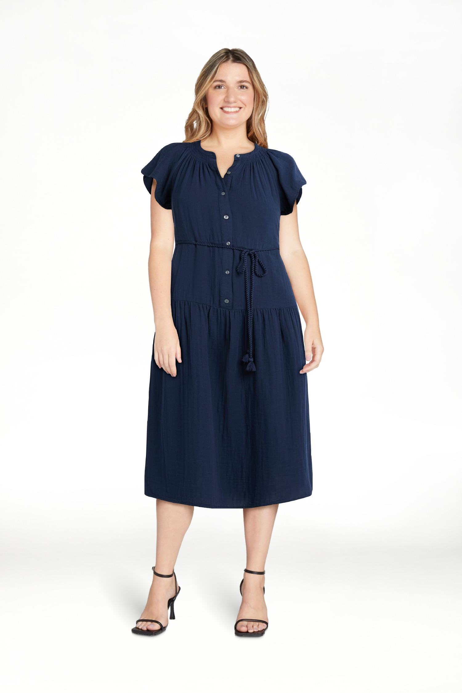 Time and Tru Women's Double Cloth Cotton Midi Dress, Sizes XS-XXXL | Walmart (US)