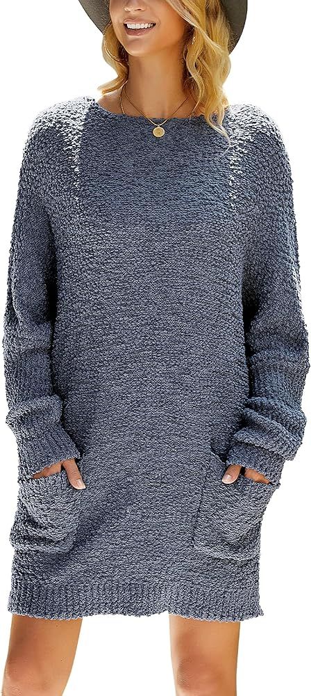 Amazon.com: LAISHEN Women's Crewneck Batwing Sleeve Popcorn Fuzzy Pullover Sweater Dress with Poc... | Amazon (US)