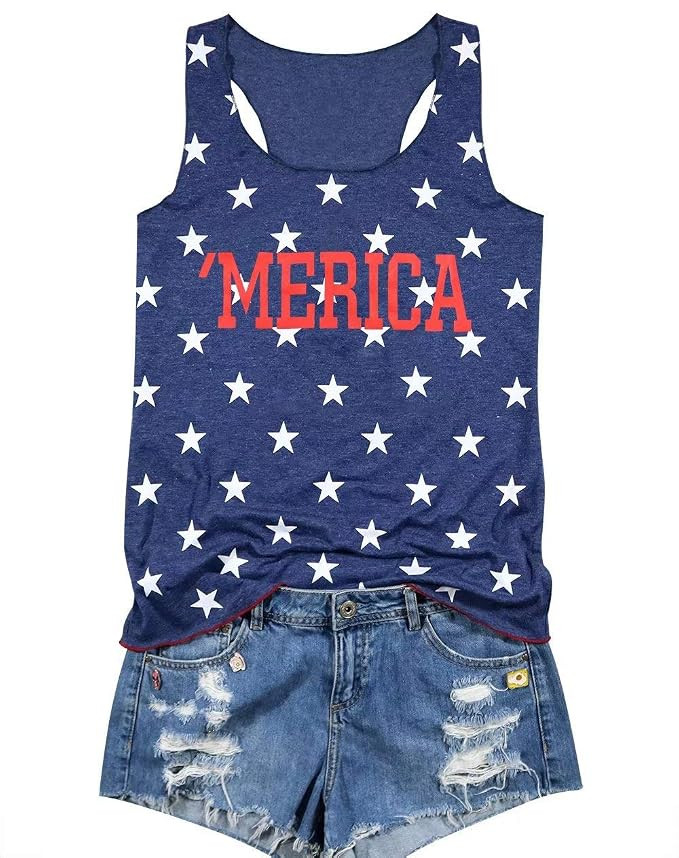 LAMOSKY Merica Star Women Graphic Letters Tank Top Casual Vest Blouse T-Shirts 4th of July Racerb... | Amazon (US)
