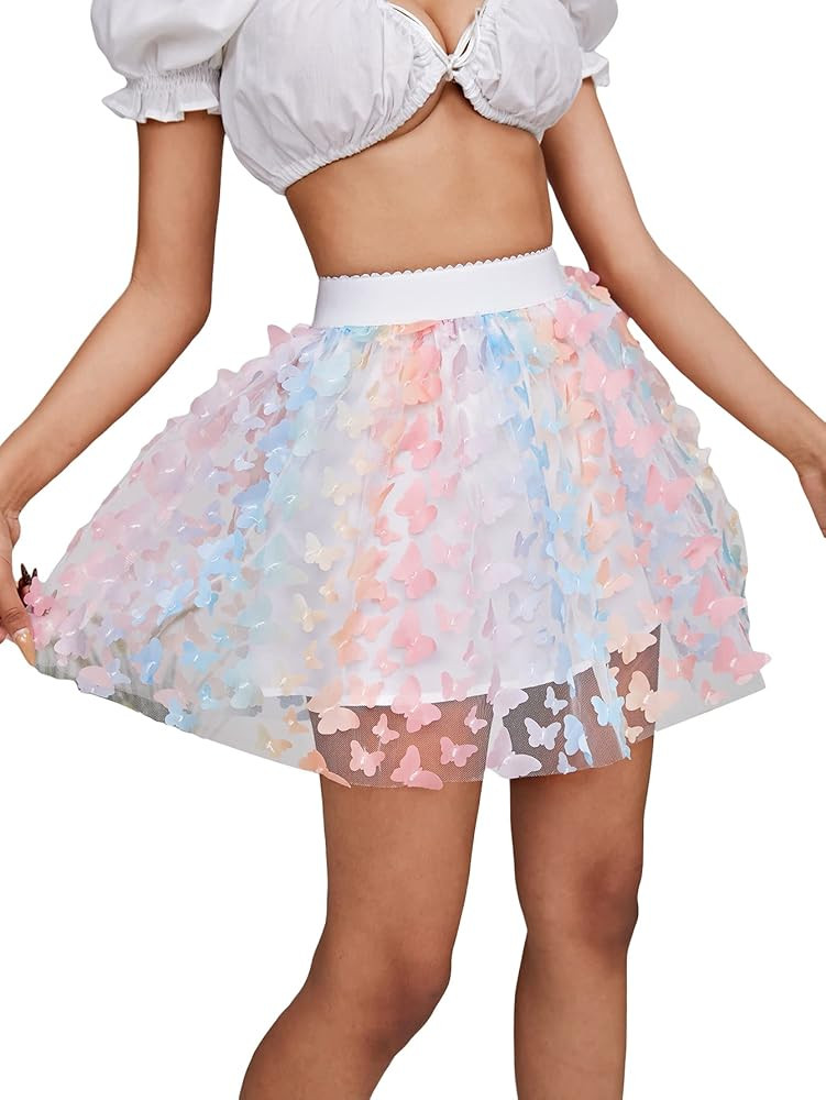 OYOANGLE Women's Mesh Sheer Skater A Line Skirt Embroidered Flare High Waist Skirt | Amazon (US)