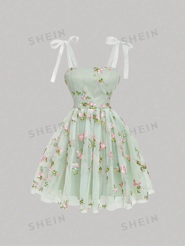 SHEIN MOD Women's Floral Embroidery Mesh Sheer Cami Dress | SHEIN