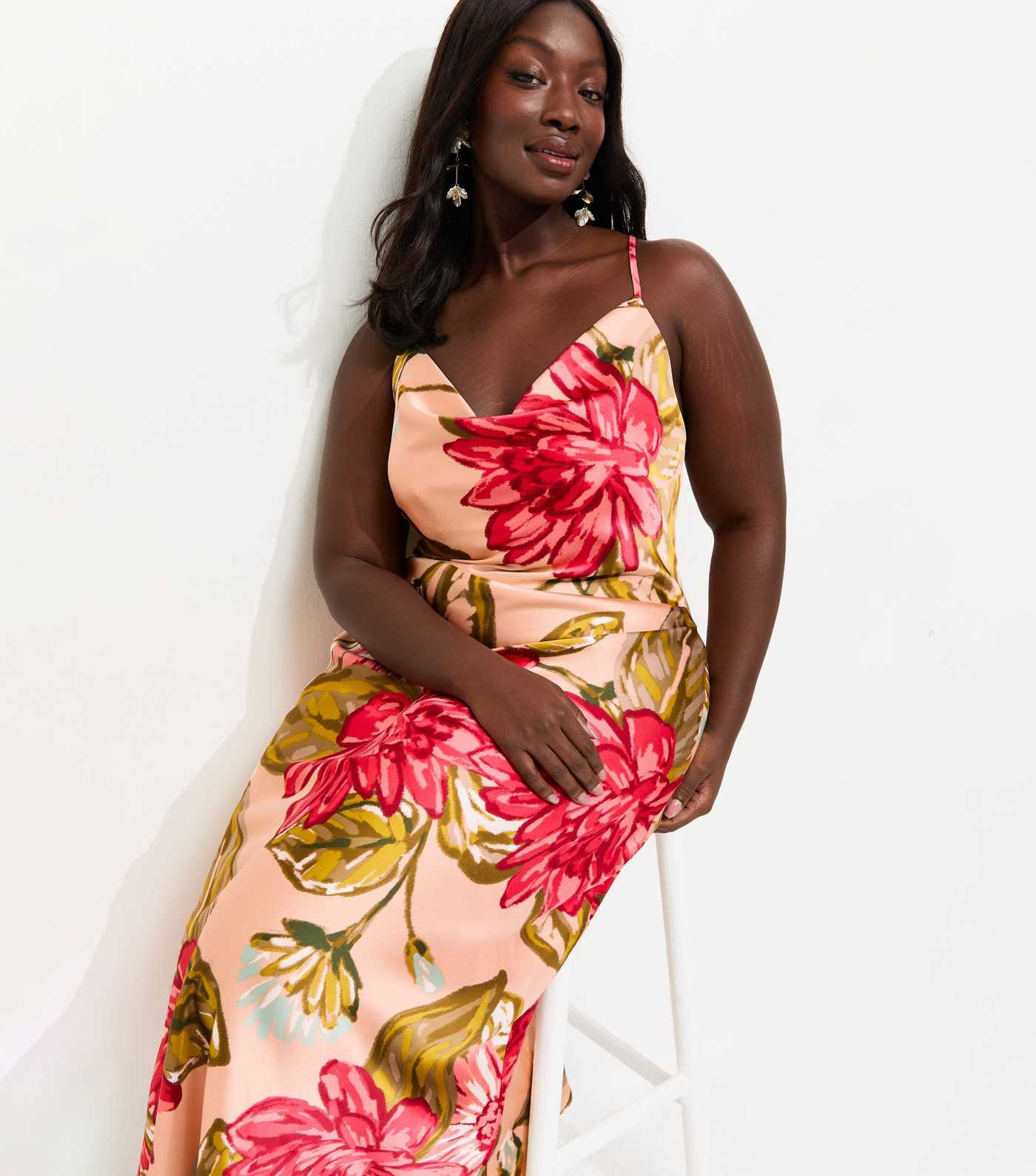 Curves Orange Floral Slip Midi Dress | New Look | New Look (UK)