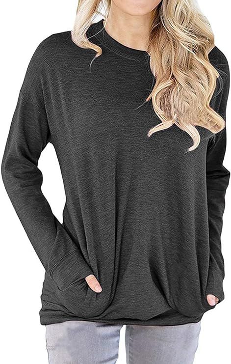 Dutebare Women Long Sleeve Round Neck Sweatshirt Pocket Pullover Loose Tunic Shirts Blouse Tops | Amazon (US)