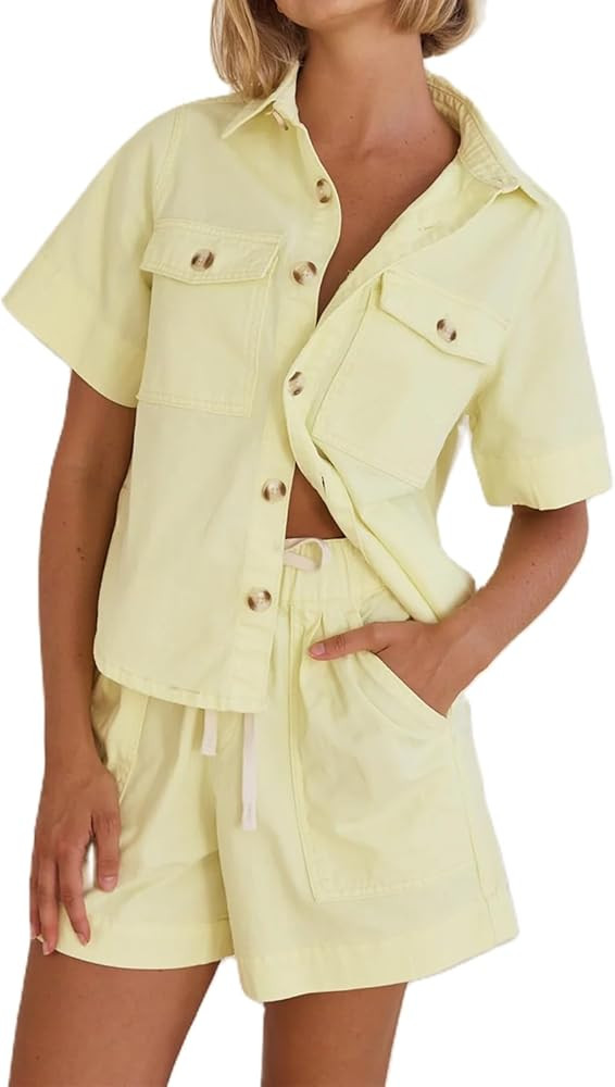 FOMOYUU Womens 2 Piece Outfits Short Sleeve Button Down Crop Blue Jean Shirts High Waist Denim Sh... | Amazon (US)