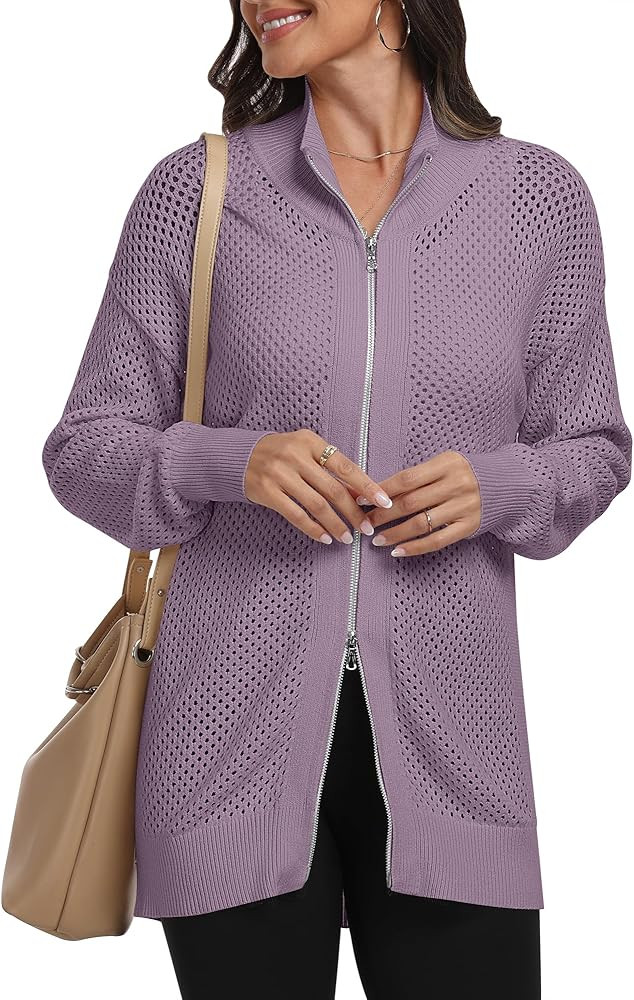 ANRABESS Women's Casual Full Zip Up Jackets Long Sleeve Mesh Crochet Knit Cardigan Sweater 2023 Fall Fashion Outfits Clothes | Amazon (US)