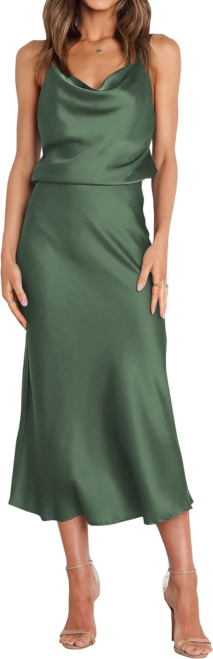 WICIWI Women's Satin Slip Dress 2024 Cowl Neck Spaghetti Straps Backless Sexy Wedding Club Cockta... | Amazon (US)