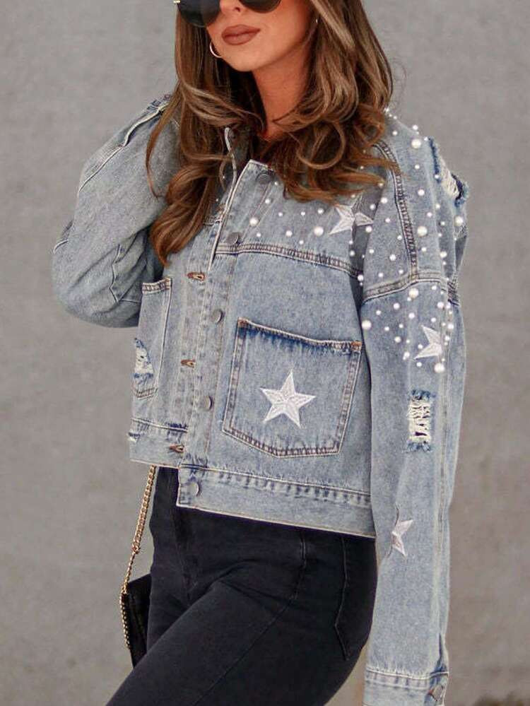 Womens Cropped Pearls Beading Jean Jacket Ripped Star Embroidered Denim Jacket Coat | SHEIN