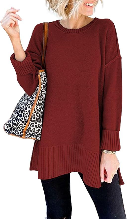 VTSGN Women's Crewneck Sweater Long Sleeve Side Slit Loose Knit Pullover Jumper Tunic Tops | Amazon (US)