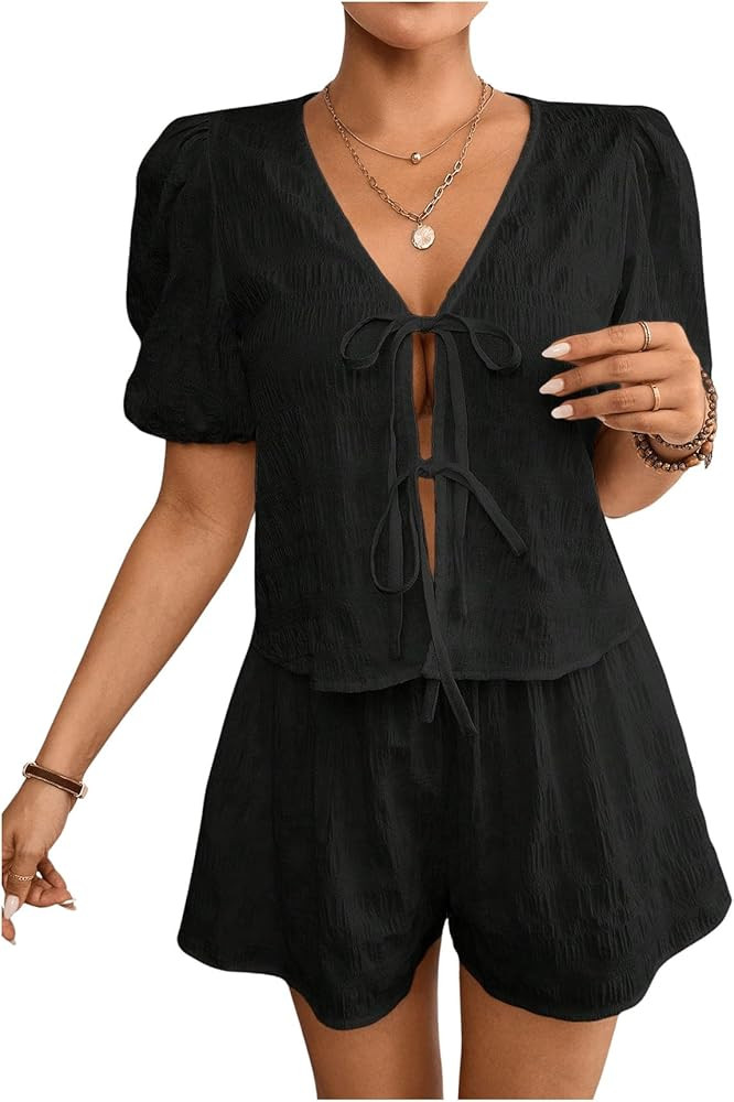 OYOANGLE Women's 2 Piece Outfits Textured Bow Tie Short Sleeve Blouse and Wide Leg Shorts Set | Amazon (US)