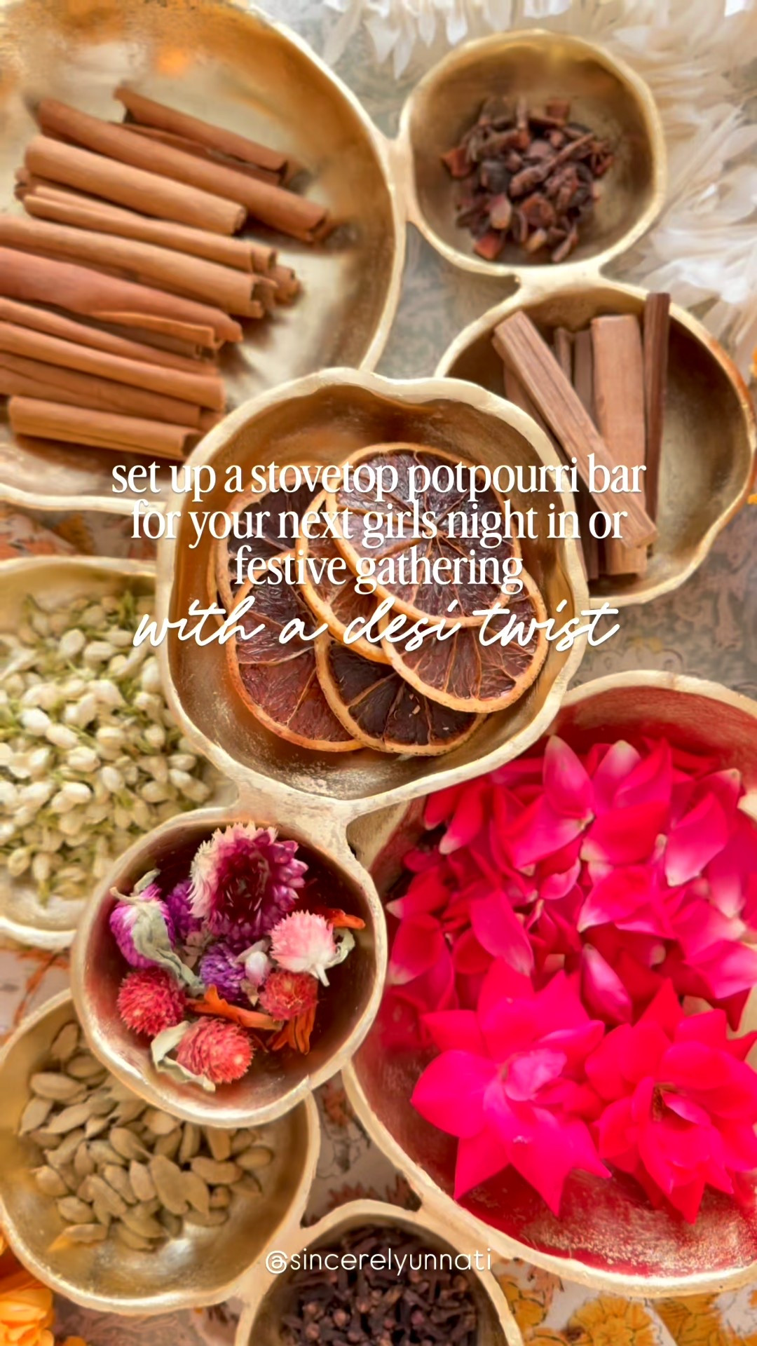 ✨ STOVETOP POTPOURRI: Diwali Edition 🪔

A desi twist on a cozy classic!
Think simmering rose petals, cinnamon, jasmine, and cardamom — the scent of celebration filling your home.

Create a stovetop potpourri bar setup so guests can build their own custom jar to take home. Perfect for Diwali parties, girls’ night in, weddings, or any festive gathering 💛

#LTKSeasonal #LTKHome #LTKWedding