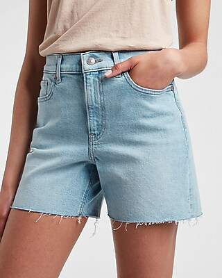 High Waisted Light Wash Raw Hem Jean Shorts | Express