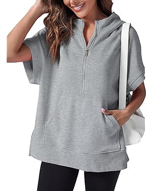 Fisoew Womens Oversized Half Zip Hoodies Short Sleeve Casual Sweatshirts Pullover Tops with Pocke... | Amazon (US)