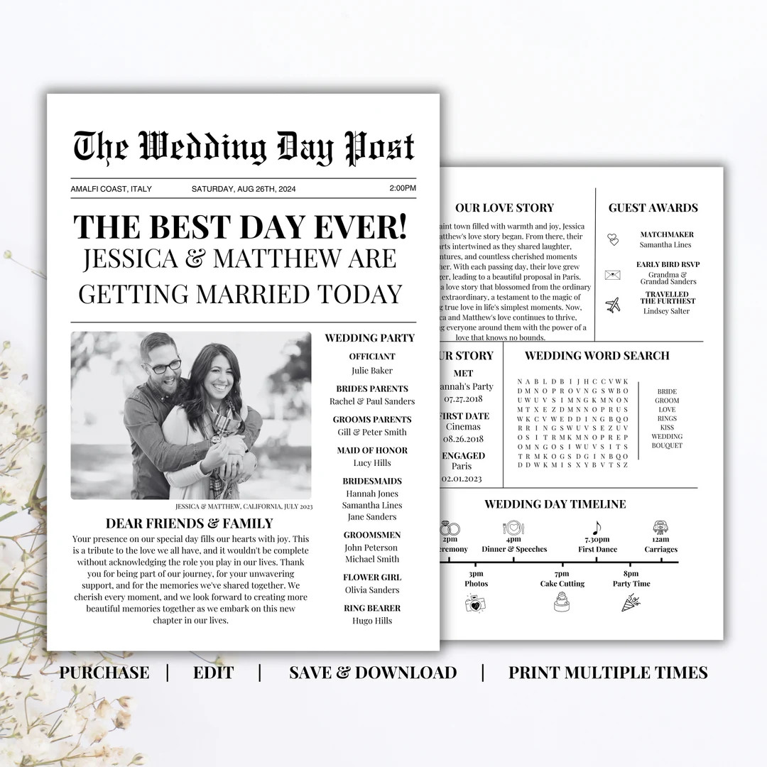Wedding Newspaper Program Template, Editable Wedding Newspaper, Wedding Program, Word Search, New... | Etsy (US)