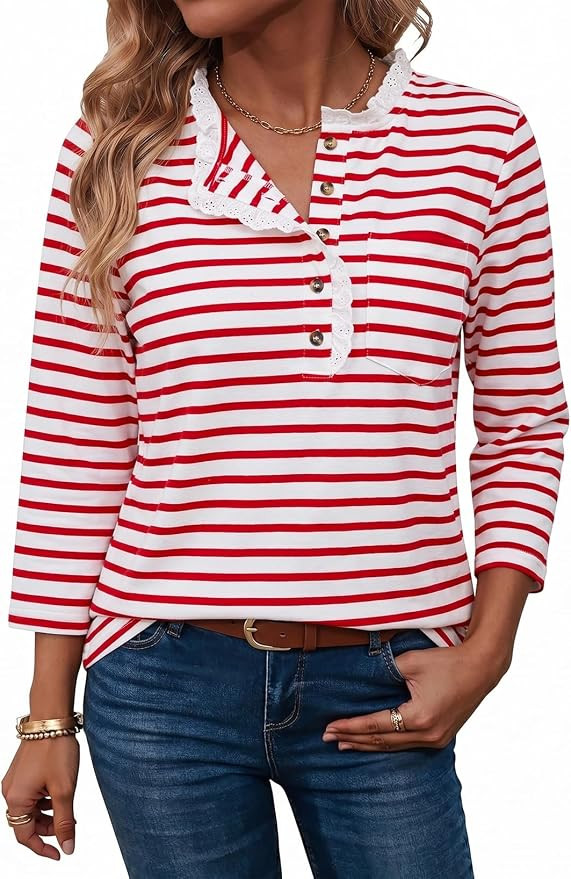 Dokotoo Women’s Tops 3/4 Sleeve Ruffle Lace Trim Striped T Shirts | Henley Button, Trendy Casua... | Amazon (US)