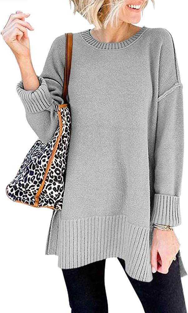 imesrun Womens Oversized Crew Neck Pullover Sweater Casual Side Split Batwing Sleeve Jumper Tops | Amazon (US)