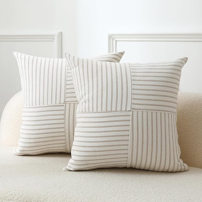 Throw Pillow Covers 18 x 18 Inch Farmhouse Pillow Covers, Set of 2 Khaki Striped Textured Patchwo... | Amazon (CA)