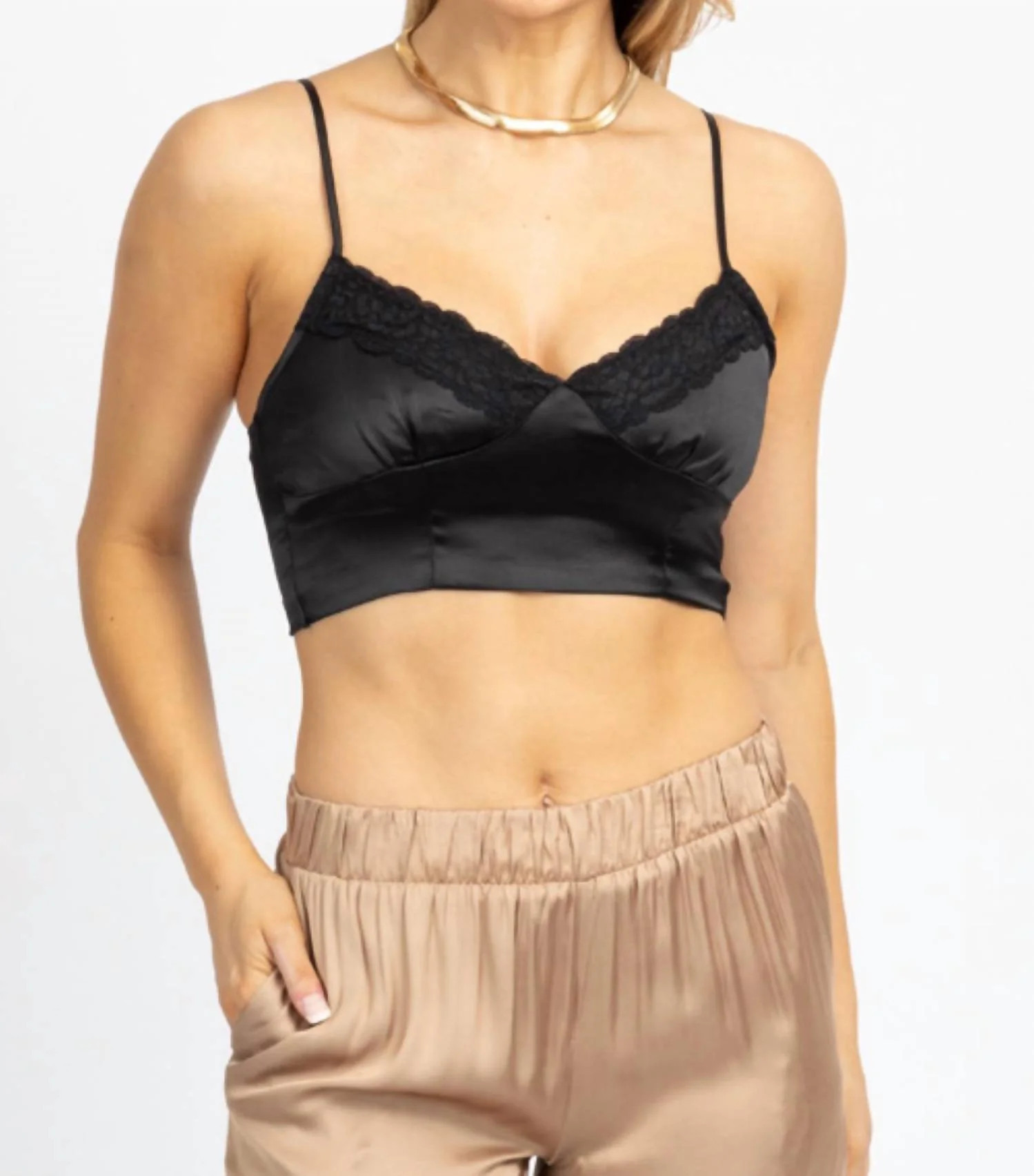 Satin Lace Crop Tank In Black | Shop Simon