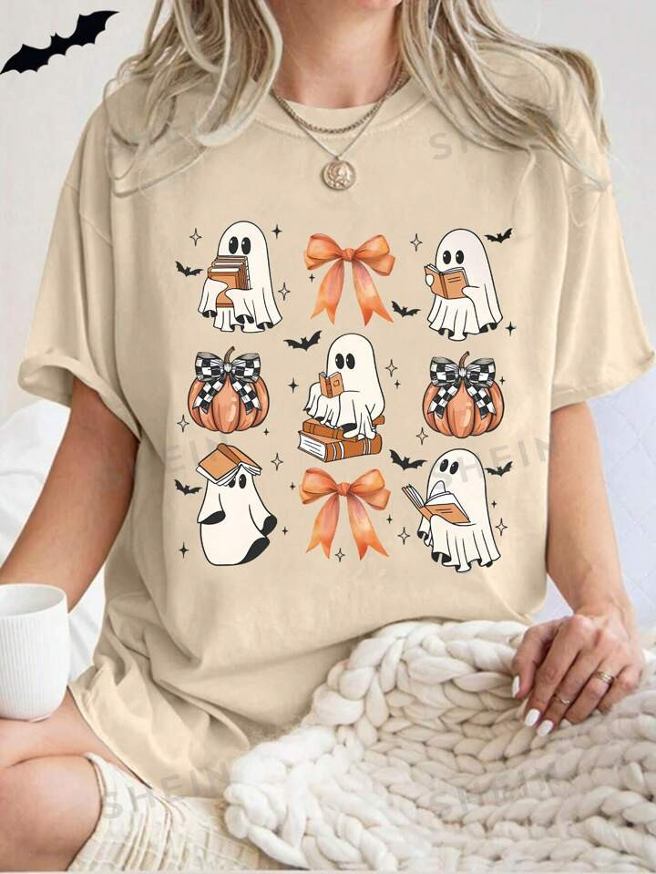 SHEIN EZwear Women's Cartoon Ghost & Pumpkin Print Crew Neck Short Sleeve T-Shirt | SHEIN USA | SHEIN