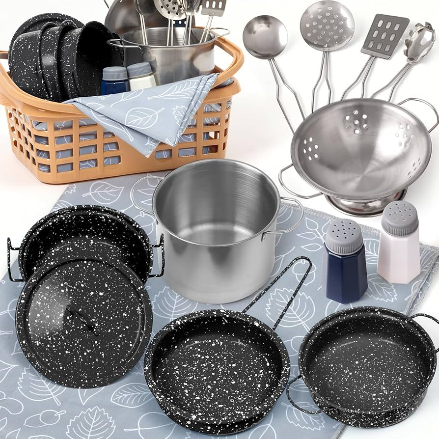 Kids Play Kitchen Toy Accessories Set Toddler Cooking Playset Colorful Stainless Steel Pots and P... | Amazon (US)