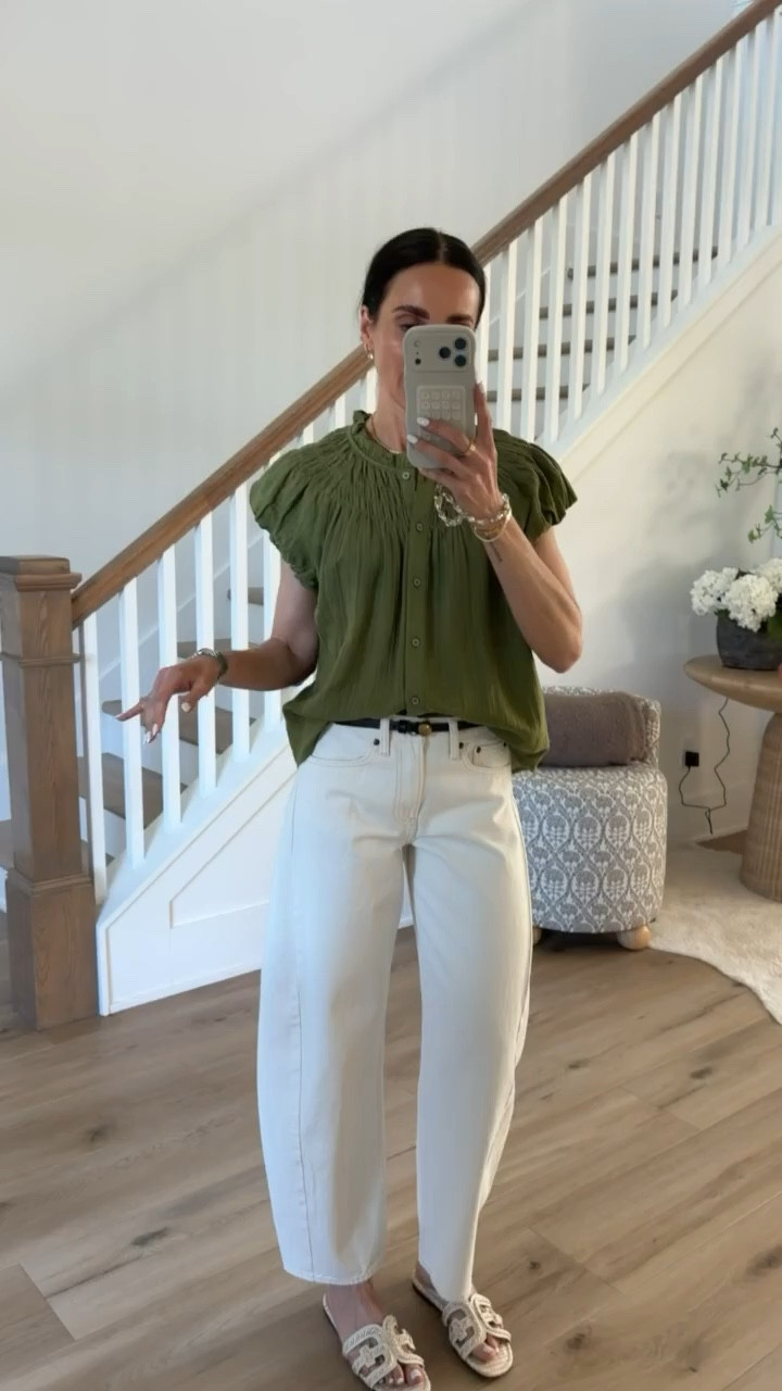 Spring outfit with white jeans, barrel leg jeans, summer tops, ruffle top, slide sandals, annabrstyle

#LTKOver40 #LTKootd